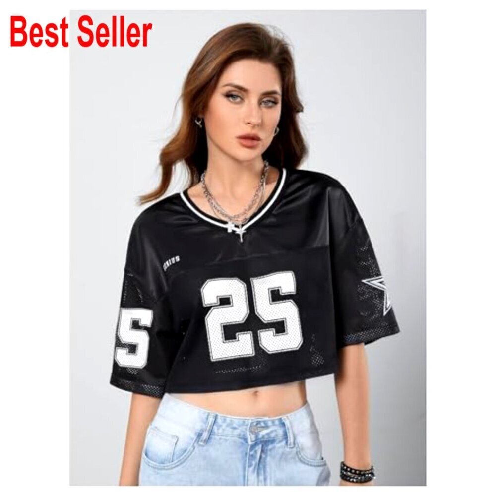 Y2K Graphic Number Tee V Neck Mesh Crop Top Baggy Streetwear Jersey Shirt - Picture 3 of 7